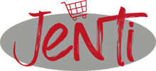 Logo mit dem roten Schriftzug „JenTi“ und stilisiertem Einkaufswagen über dem Buchstaben „N“.