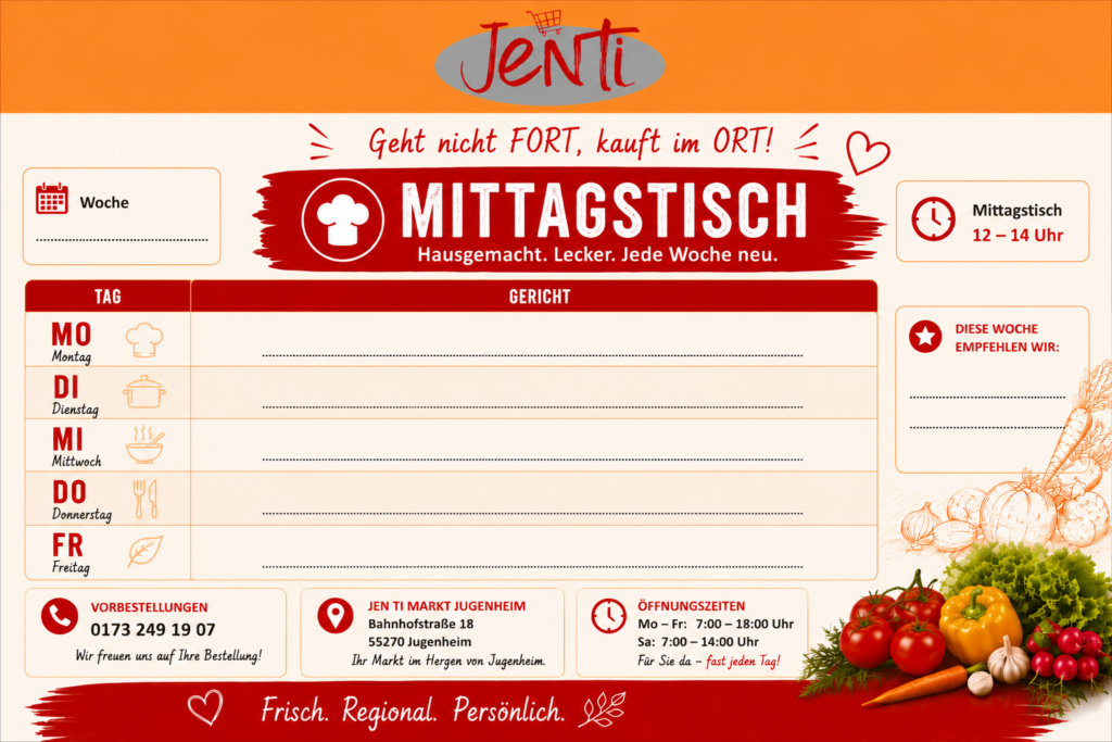 Wochenübersicht für den JenTi-Mittagstisch mit Platz für Tagesgerichte, Öffnungszeiten und Kontaktdaten.